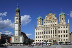 Rathausplatz with Perlach Tower and Town Hall, Augsburg, Swabia, Bavaria, Germany