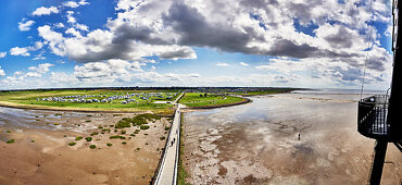 Panoramic view from the Eversand lighthouse to the dike foreland in Dorum-Neufeld, Lower Saxony, Germany