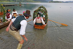 Boat procession on Schlierseer Kirchtag, Schliersee, Upper Bavaria, Bavaria, Germany