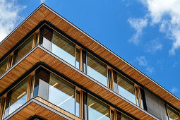 Wood and glass facade of the Illwerke power station near Vandans, architect: Hermann Kaufmann, Montafon, Vorarlberg, Austria