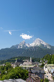 View over Berchtesgaden to the Watzmann massif, Berchtesgadener Land, Bavaria, Germany.