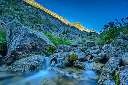 Kalserbach fließt über bemooste Felsen, Dorfertal, Glocknergruppe, Nationalpark Hohe Tauern, Osttirol, Österreich