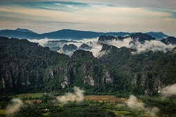 View of karst landscape from Vang Vieng, Laos, Asia