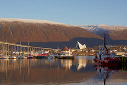 Tromso with Arctic Cathedral, Ishavskatedralen, Tromsöysundet, snow, Troms, Norway, Europe