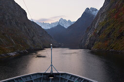 Evening mood in the Trollfjord, Hurtigruten, Nordland, Lofoten, Norway, Europe