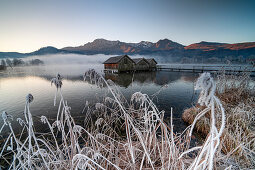 Drei Fischerhütten am Kochelsee im Morgenlicht bei Schlehdorf, Bayern, Deutschland.