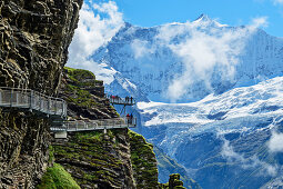 Mehrere Personen stehen auf Cliff Walk mit Blick auf Fiescherhorn, Tissot Cliff Walk, First, Grindelwald, Berner Oberland, UNESCO Weltnaturerbe Schweizer Alpen Jungfrau-Aletsch, Berner Alpen, Bern, Schweiz