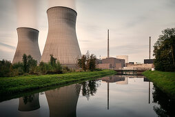 Steam rises from cooling tower of nuclear power plant (AKW) near Gundremmingen, Günzburg district, Bavaria, Danube, Germany