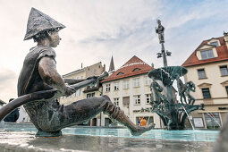 Figure at Theodul fountain on the market square of Ehingen, Danube, Alb-Donau district, Baden-Württemberg, Germany