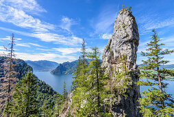 Felsnadel am Traunstein und Traunsee im Salzkammergut, Oberösterreich, Österreich