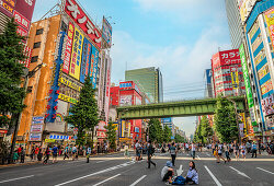 Pedestrians on a car-free Sunday on the Chuo-Dori shopping street in Akihabara Electric Town district, Tokyo, Japan