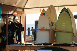  Surfboards at the Surfexpo of Taghazout 2024 near the surf spot &quot;Anker Point&quot; in Morocco. 