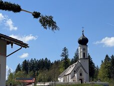 Maypole erection in the municipality of Jachenau, Bavaria, Germany