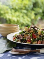 Grilled beef with vegetables on a plate out of doors