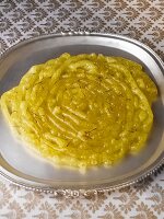 Jalebis with saffron (Sweet deep-fried pastry spirals, India)