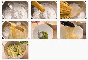 Linguine with pesto being prepared