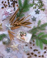 Christmas decoration with cinnamon sticks, star anise, rock sugar and cardamom