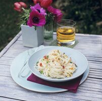 Spaghettini with peanuts, coriander and chilli out of doors