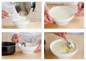 Bavarian cream being poured into a large bowl and made into dumplings
