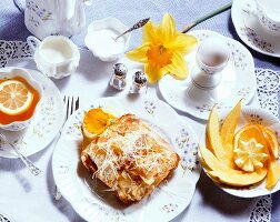 Breakfast Pastry with a Boiled Egg and Citrus Tea; From Above