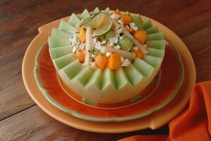 Melon Salad with Jicama and Feta Cheese Served in a Honeydew Melon
