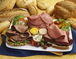 Cold Cut Platter with Roast Beef, Pastrami and Corned Beef; Fresh Bread and Condiments