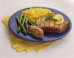 Grilled Tuna Steak with Yellow Rice and Asparagus