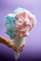 Hand Holding Pink and Blue Cotton Candy; Purple Background