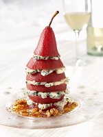 Slice Poached Pear Stuffed with Blue Cheese; Walnuts