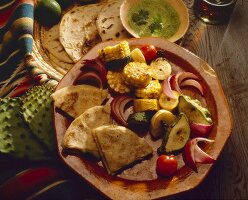 Grilled Vegetables with Cilantro Sauce and Quesadillas