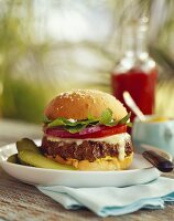 Cheeseburger with Onion, Tomato and Arugula; Pickles