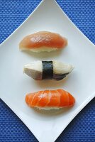 Nigiri sushi made with salmon, mackerel & tuna (overhead)