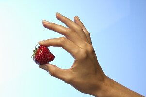 Woman's hand holding a strawberry