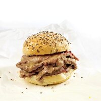 Beef on a Wick Sandwich; Beef with Horseradish on a Kaiser Roll Topped with Caraway Seeds and Salt