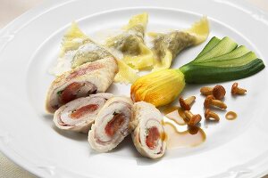 Rolled turkey breast with pasta envelopes, courgettes & mushrooms