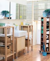 Narrow shelf with casters, mirror and cabinet, baskets in Shelves