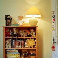 Regal aus massivem Holz mit Kuscheltieren, Büchern, Spielen und Lampe