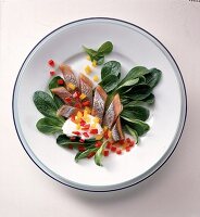 Matjeshering in Stücke geschnitten mit Feldsalat u. gewürfelter Paprika