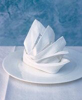 White linen napkin folded as junk on plate
