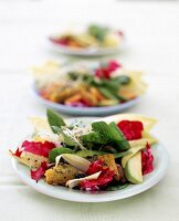 3 Teller mit mehreren Salatsorten, Polenta und Sprossen
