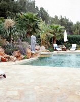 Pool umgeben von vielen Palmen, Brunnen