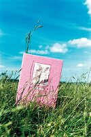 Rosafarbenes Tagebuch im Gras, blauer Himmel