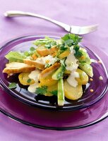 Potato salad with chicken breast, green onions, lentils and cream on plate