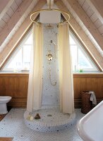 Shower with curtains under gable