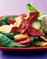 Kartoffelsalat mit getrock. Tomaten, Salatgurke, Blattspinat