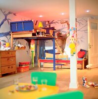 Children's room with bunk bed, parquet floor and wall designs from jungle book