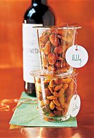Almonds and nuts in jars with name tags