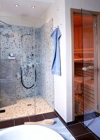 Glass shower enclosure with mosaic tiles next to sauna enclosure