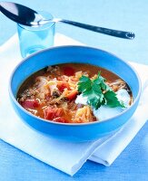 Suppe, Sauerkraut-Paprika-Topf, mit Hackfleisch und Zwiebeln