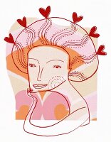 Illustration of woman with lion mane and hearts symbolizing the zodiac sign Leo